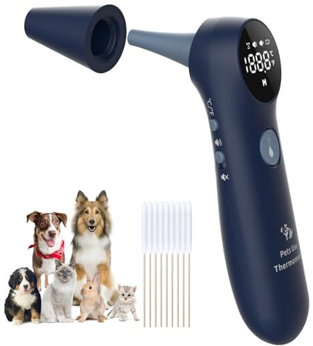 Pet Ear Thermometer for Dogs, Cats, and Livestock, Long Probe Designed, ℃/ ℉ Convert and Sound Switch Dedicated Button, 1 Second Measurement, 20 pcs Pet Swabs Included