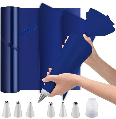 DAGORD 50 Piezas Mangas Pasteleras Desechables Grandes 51.5cm Bolsas de Manga Pastelera Desechables + 6 Boquillas en Acero Inoxidable + 1 Adaptadores para Decoración Pasteles Galletas Cupcakes