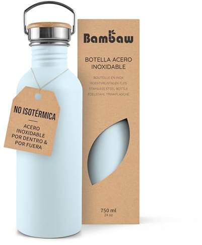 Bambaw Botella agua acero inoxidable 750ml No Térmica, Botella de agua azul claro deportiva y reutilizable – Azul celeste