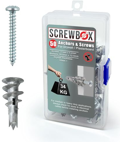 SCREWBOX® Plasterboard Fixings – 50pcs Heavy Duty Drywall Anchors & Screws, Metal Self Drilling Wall Plugs for Strong Grip