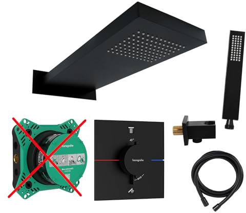 vanvilla Duschsystem mit Unterputz Thermostat Duscharmatur von Hansgrohe Ecostat Comfort E und vanvilla Regendusche mit Armatur, Duschkopf eckig, Dusch-SET HGS208-ob schwarz matt