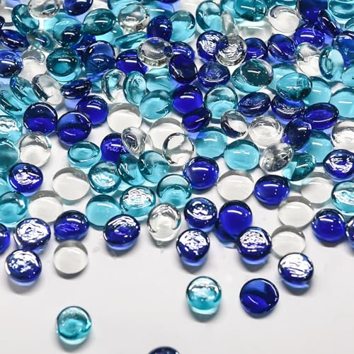 Hiziwimi 1800g 17-20mm Decorative Blue Glass Pebbles for Vases & Planters | Blue Series, 4 lbs, Smooth Flat Shape, Glass Beads, Decorative Stones for Vases Stuffing, Aquarium, Garden, Plant Pot, Craft