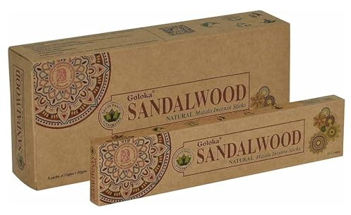 12 Packungen Goloka Sandelholz Natürliches Masala-Räucherstäbchen, 240 Stäbchen, natürlicher aromatischer Duft für Meditation und geistige Entspannung (180 g) (Sandelholz)