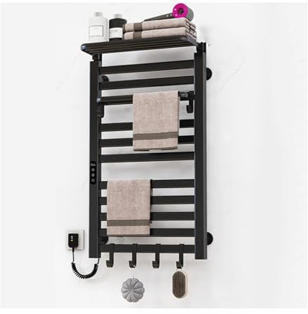 WYJRO Radiador Toallero Electrico Pared con Timer,Toallero Electrico Baño con Estante Y Termostato,Bajo Consumo Calienta Toallas Electrico,30-70℃/86-158°F,1-9H,Negro,Left Line