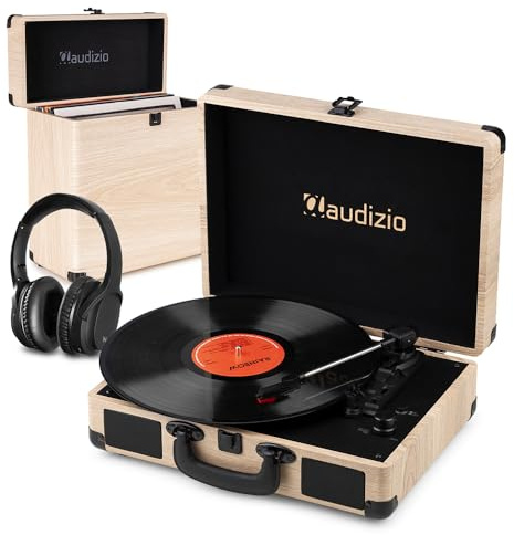 Audizio RP116LW Record Player with Bluetooth Output, Wireless Headphone, Vinyl Case, 3-Speed Turntable, Vinyl Player Portable Suitcase Design - Light Wood
