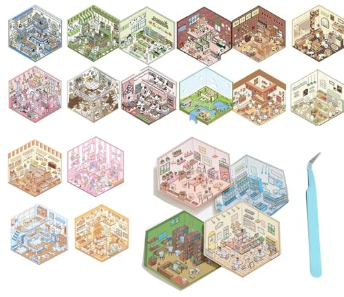 Isometric Room Stickers, Diy 3d House Stickers, 3d Sticker Scene, Sticker Room Book for Adults, Isometric Sticker Kit, 3d Miniature Scene Stickers for Adult Kids Pass The Time (5set)