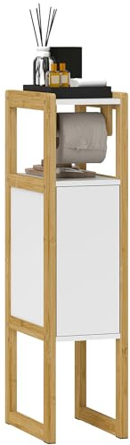 HOMCOM Mobile da Bagno Salvaspazio Ripiano Armadietto 20x33x80cm Bianco | Porta Carta Igienica, Mobiletto da Bagno in Bambù Compatto