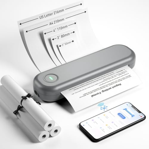 Bisofice L86 - Stampante Portatile A4, Stampante Termica 300DPI Senza Inchiostro, Bluetooth per Android/iOS, USB per Mac/Windows, Adatto Ufficio Viaggi, Studio, Casa, con 3 Rotoli Carta, Grigio