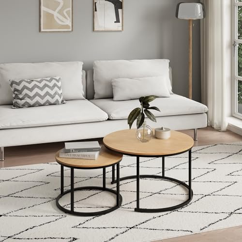 Home Collective Couchtisch 2er Set rund aus Holz, Wohnzimmertisch Modern, Beistelltisch Set 2 in 1 mit Metallgestell für Wohnzimmer Büro Beistelltisch Loft Design Twin | Eiche hell