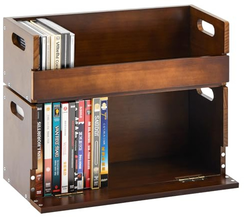 CroBlissful 2 scatole in legno per DVD e CD, con maniglia per il trasporto, scaffale organizer per custodie per film, può contenere fino a 36 CD e 26 DVD