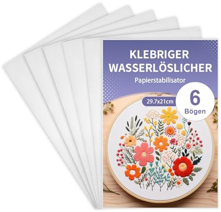 SDLDEER 6 PCS Stickvlies Wasserlöslich Selbstklebend A4 (29,7 x 21 cm) | Bedruckbar Stickpapier, Wasserlösliches Stickvlies ideal für Drucken oder Zeichnen, Maschinen und Handstickerei