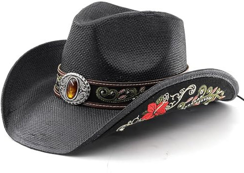 WUFANGBU Fedora Trilby Filzhut Hut Cowboyhüte Reisefotografie Strand Sonnenhüte Männer Und Frauen Blume Bestickte Strohhüte Zylinder M(56-58Cm) Schwarz