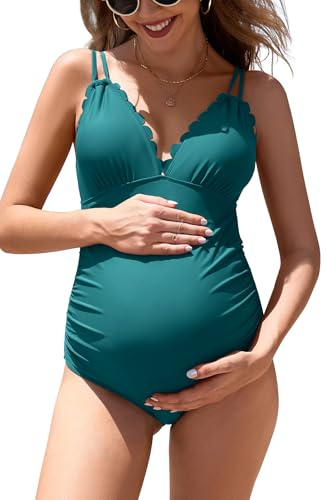 SHEKINI Maternity One Piece Swimwear Scalloped Swimsuit V Neck Ruched Pregnancy Bathing Suit Cutout Tie Back Dark Green