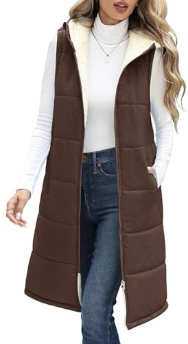 Vancavoo Chaleco Acolchado Mujer con Capucha Chaqueta sin Mangas Abrigo Plumas Largo Invierno Cálidos Chaleco de Forro Polar Outwear,Café,S