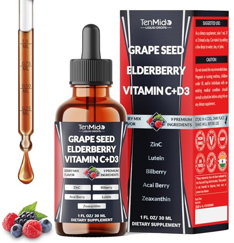 Tenmido 9in1 Grape Seed Extract Liquid Drops with Elderberry, Bilberry, Acai Berry, Lutein, Zeaxanthin, and More - Antioxidant & Immune System Support - 30ml 1 Fl Oz