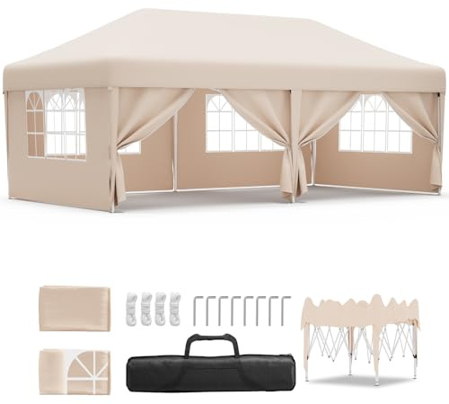 JUMMICO Gazebo 3x6 Pieghevole Impermeabile con 6 Parti Laterali，Gazebo Pieghevole Regolabile in Altezza,Gazebo da Giardino Protezione UV 50+,Gazzebo Da Giardino Campeggio Esterno Piscina Fiere,Beige
