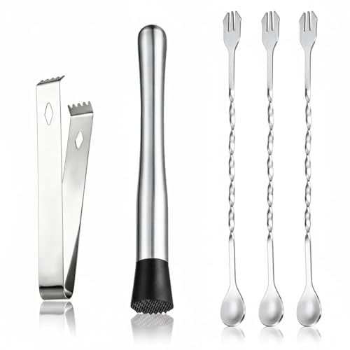 Cocktail Muddler Set 5pcs, Bar Tool Kit with 1Muddler, 3Long Handle Bar Cocktail Mixing Spoon and 1 Tong Food Ice Sugar Tong Stainless Steel Stirrer, Bar Accessories Tools for Mojitos Fruit Drinks