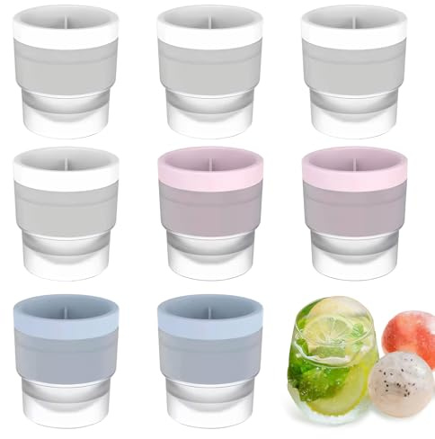 Ice Ball Mould, 8 Pcs 2.4 Inch Round Ice Cube Moulds for Whisky, Cocktails, Coffee and Juice, Leakproof Stackable ice Cube Trays, Easy Release Silicone ice Sphere Moulds, White, Pink and Blue