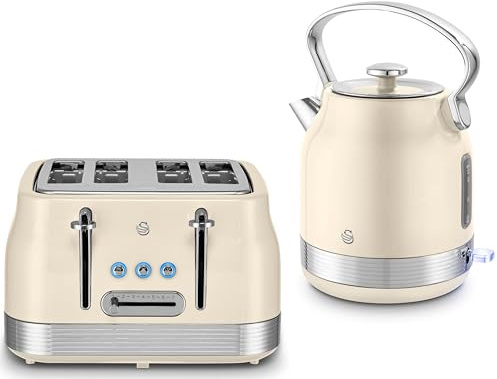 Swan Retro Revive Cream Traditional 1.7L 3KW Kettle & 4 Slice Toaster. Matching Stovetop Inspired Design Kettle & Toaster Set in Chantilly Cream with Chrome Accents