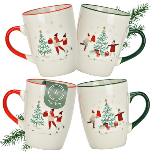 Weihnachtstassen 4er Set Design mit Geschenk-Motiv, Kaffeetasse 330 ml - Tassen für Kaffee & Tee