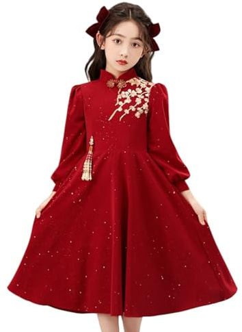 Chinese Traditional Dress Set for Girls Chinese New Year Dresses Teen Princess Cheongsam Skirt Cute Flower Embroidery Tang Suit Long Sleeve Stand Collar Elegant Classical Clothes (Red, 9-10 Years)