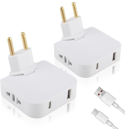 2 Piezas Enchufe Plano con 2 Tomas Enchufe Plano 1 USB y Type-C Ladrón Enchufe Plano Cabezal Giratorio de 180° Enchufe Detras Mueble 10A 250 V Enchufes Planos Detras Muebles para Oficina Hogar Viajes
