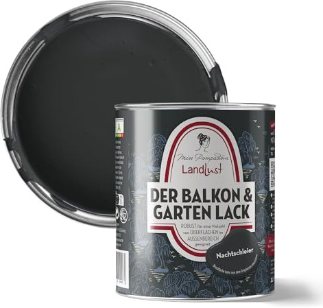 MissPompadour Balkon & Garten Außenlack Nachtschleier Schwarz 1 L | Wasserbasiert, seidenmatt, Holzlack mit UV Schutz, für Holz, Metall, Hart PVC, Fliesen und steinartige Untergründe