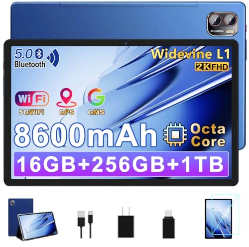 BIEGEDY Tablet Pantalla 2K,16GB RAM + 256GB ROM + TF 1TB / 8600 mAh/Octa-Core 2.0 GHz/2000 x 1200 Pixels / 5G WiFi/Bluetooth 5.0/ 5MP + 13MP,Tablet con Funda Azul