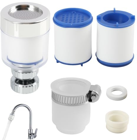 Filtre à eau rotatif universel pour robinet avec adaptateur et 2 cartouches remplaçables - Filtration carbone pour éliminer chlore, fluorure, métaux lourds, avec rotation à 360°