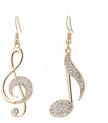 Boucles d'oreilles pendantes notes de musique pour femmes, boucles d'oreilles plaquées or rose et argent hypoallergénique avec zircon cubique, 3.5cm, Cristal, Zircone cubique