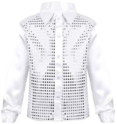 inlzdz Boys Kids Long Sleeve Shiny Sequin Shirt Hip-hop Jazz Stree Choir Dance Shirt Top Stage Fancy Costume White 7-8 Years
