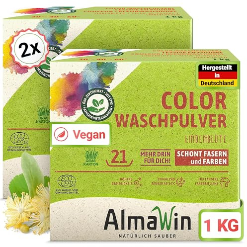 AlmaWin® Color Waschpulver [2x 1kg - 42 Ladungen] mit Lindenblüten-Duft für strahlende Reinheit – Öko Waschmittel Pulver Color anwendbar für 30-60°C – Veganes Bunt-Waschpulver