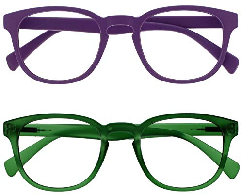 OPULIZE Pop Gafas de Lectura Pack de 2 Redondas Violeta y Verde Musgo Satinado Bisagras con Muelle Resistentes a los Arañazos Hombre Mujer RR2-56 +1.50