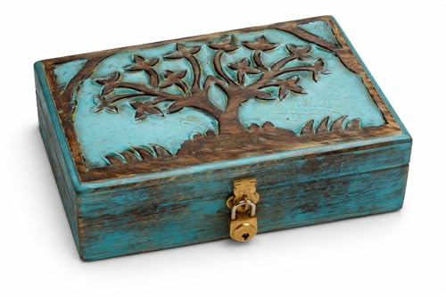 Schmuckkästchen aus Holz, handgefertigt, dekorativ, Baum des Lebens, Schnitzerei & Schloss & Schlüssel, Schmuck, Organizer, Andenken, Box, Schatztruhe, Schmuckhalter, Uhrenschloss, 20 x 12 cm (Blue)