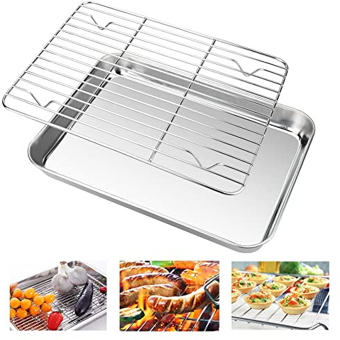 EMAGEREN Baking Tray with Rack Set Stainless Steel Baking Pan Cookie Pan Toaster Oven Tray Baking Sheet with Baking Cooling Racks, Non Toxic, Mirror Finish & Dishwasher Safe (1 Pan + 1 Rack)