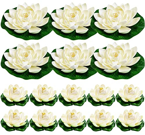WhistenFla 16Pcs Artificial Floating Pool Flowers, 7in & 4in Fake Water Lily Pads Flowers, Lotus Flower Floating Pool Decorations