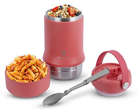 Ideus Soup Thermo with Foldable Spoon and Bowl 20oz, All-in-one Insulated Bento Lunchbox Stainless Steel Leakproof Portable Soup Container Vacuum Thermal Food Jar for Lunch, Red