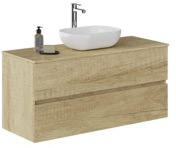 Baikal Mueble de Baño Onyx. Mueble MONTADO, Mueble 2 cajones. Mueble Baño con Lavabo. Mueble Suspendido. Armario de Pared. Lavabo Cerámico. 120cm Nature.