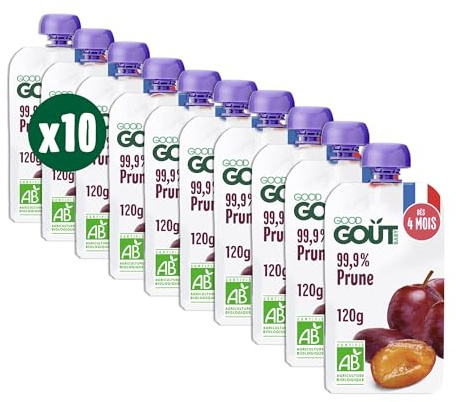 GOOD GOÛT - Gourdes Prune - Purée Bébé - Dès 4 Mois - 99,9% Prune - Sans Sucres Ajoutés - Fabriqué En France - 10x120g