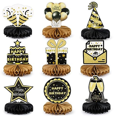 9 Pezzi Centrotavolo Compleanno Decorazione Compleanno Centrotavola a Nido d'Ape Nero e Oro Happy Birthday Addobbi Compleanno Tavolo