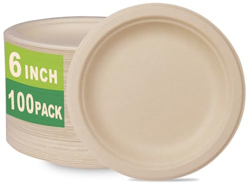 GreenWorks 100 Count 6“ Small Compostable Dessert Plates, Heavy-duty Unbleached Biodegradable Bagasse and Bamboo fiber Paper Plates