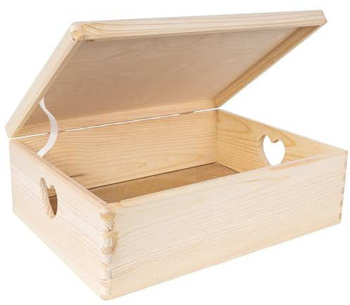 Creative DECO Grande Caja Madera Decorativa | Con Tapa y Asas Corazón | 40 x 30 x 14 cm (+/-1cm) | Navidad Almacenaje Documentos, Juguetes | Cofre Decorar Regalo Decoupage | EN BRUTO SIN LIJAR