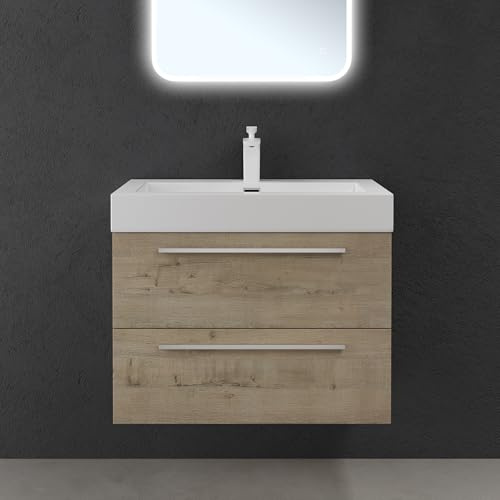 doporro Badmöbel-Set Waschbeckenunterschrank in Eiche Greige 73x48x60cm | Wandhängendes Badmöbel-Set mit Mineralguss-Waschbecken, Soft-Close-Schubladen – pflegeleicht für moderne Bäder Quadratto