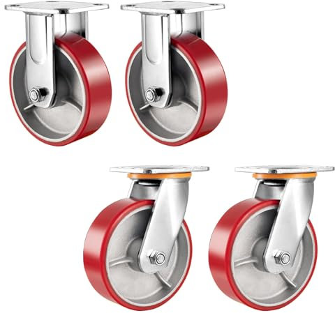 Schwerlast Industrierollen 4er-Packung, 100 125 150 200 Mm Polyurethan Transportrollen, Nabe Aus Stahl Doppelte Kugellager Lenkrolle Bockrolle, Mit Bremse, Schrauben & Metallplatten ( Color : Fixed+Sw