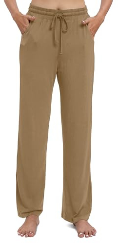 EXCHIC Dam dragsko casual byxor stretch hög midja lösa raka ben byxor joggingbyxor med fickor, Camel, XXL