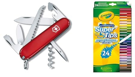 Victorinox Camper Swiss Army Knife, Medium, Multi Tool, Camping Knife, 13 Functions, Blade & Crayola SuperTips Washable Markers - Assorted Colours (Pack of 24)