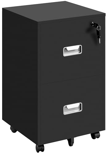 Yaheetech Rollcontainer, Aktenschrank, abschließbare Büroschrank mit Hängeregistratur und 2 Schubladen für Arbeitszimmer/Büro/Wohnzimmer Schwarz