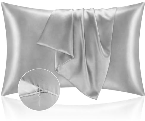 Federe Cuscino Letto 50x80 in Raso - Federa Setoso Proteggere Pelle e Capelli - OEKO-TEX - Super Morbida e Ipoallergenico - Federa 2 Pezzi con Cerniera Argento
