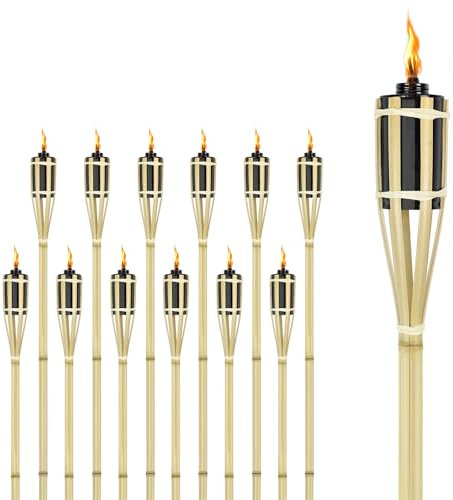 FIVMEN Antorchas de jardín de bambú, 12 unidades, 90 cm, antorchas de aceite con mecha, para exteriores, senderismo, fiestas, jardín