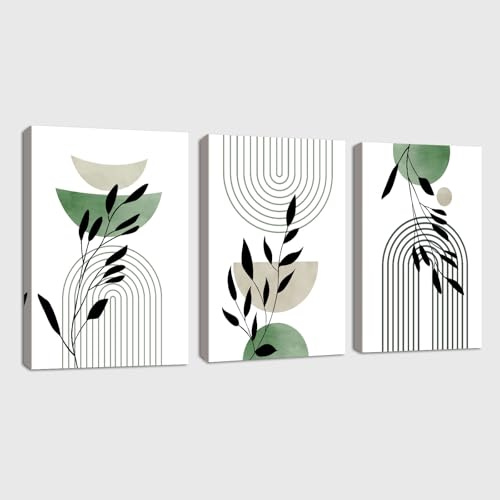 3 st inramade salviagröna linjer canvas väggkonst, boho estetiska gröna växter blad väggkonst modern affisch canvasmålning väggdekoration för sovrum vardagsrum redo att hängas 30 x 40 cm x 3